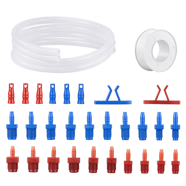 Master Cylinder Bleeder Kit Compatible with 14151, 31pc Complete Brake Bleeder Tool Kit with SAE & Metric Fittings, 22 in Clear Hose, Clips and PTFE Tape, Unive
