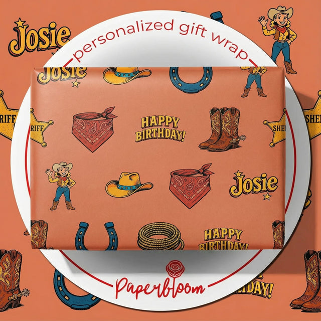 Retro Cowgirl Birthday Wrapping - Custom Western Boots & Hats Design