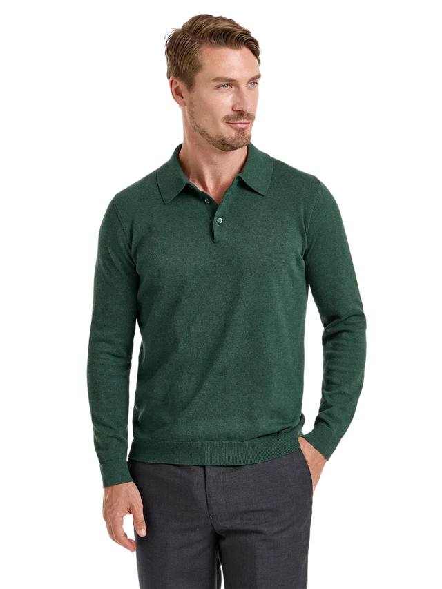 Long Sleeve Cotton Jersey 3-button Solid Polo With Red Plaid Trim - Green Multi