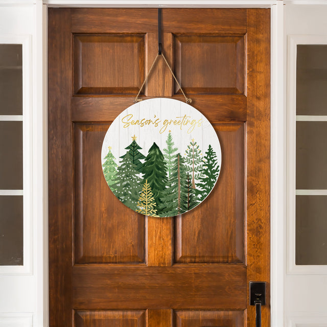 Shades of Green Wood Door Décor, "Season's Greetings", 18”