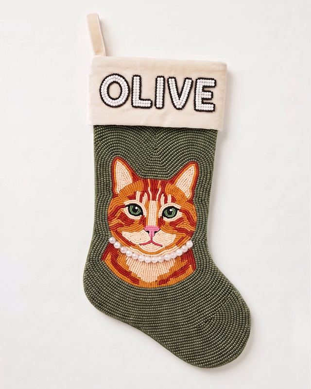 Personalized Beaded Christmas Stocking with Name, Tabby Cat Pearl Collar Holiday Stocking, Custom Pet Velvet Mantle Decor