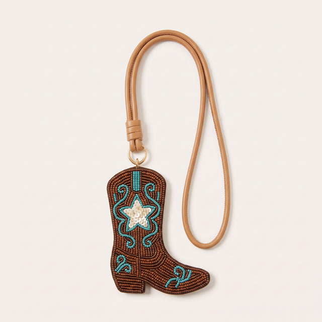 Beaded Cowboy Boot Bag Charm, Western Purse Charm Personalized with Monogram Initial, Texas Hand Beaded Leather Strap Charm