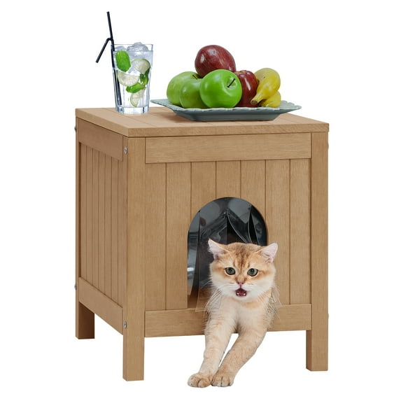Psilvam Cat House with Side Table Function, Weatherproof Poly Lumber Outdoor Cat Shelter
