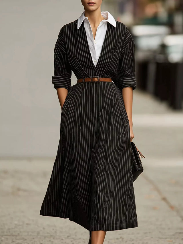 Striped Collared Neck Midi Dress