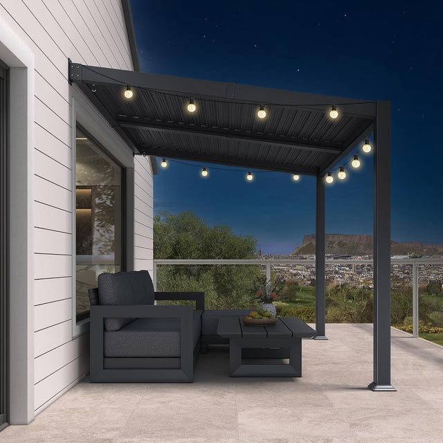 PURPLE LEAF Caesar Wall Mounted Louvered Pergola with String Lights, All-Aluminum Patio Cover with Adjustable Roof, Hidden Gutter Drainage, Lean-to Pergola for 