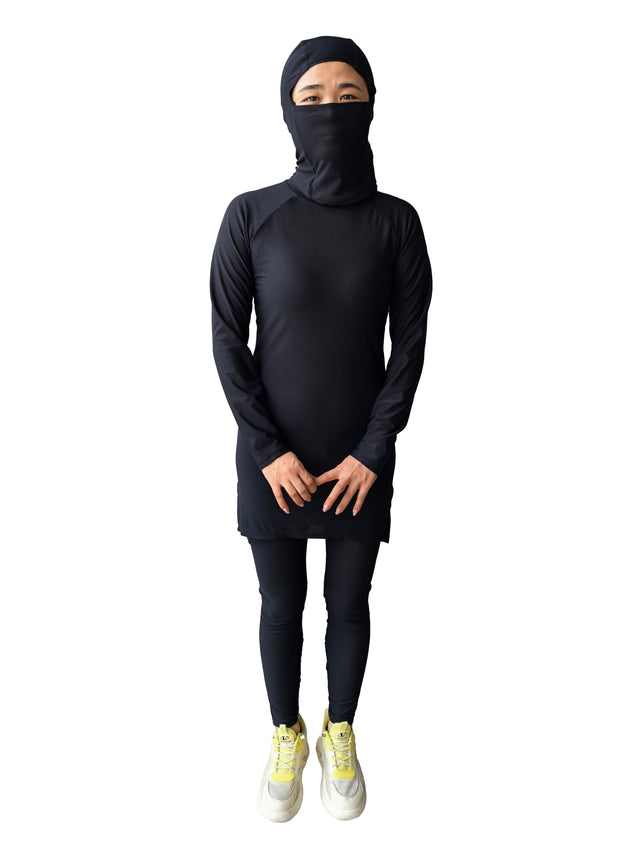 Women's Tan-Through Modest Burkini Set Black | UV-Permeable Full Coverage Islamic Swimsuit with Long Sleeve Mid-Thigh Tunic & Pants