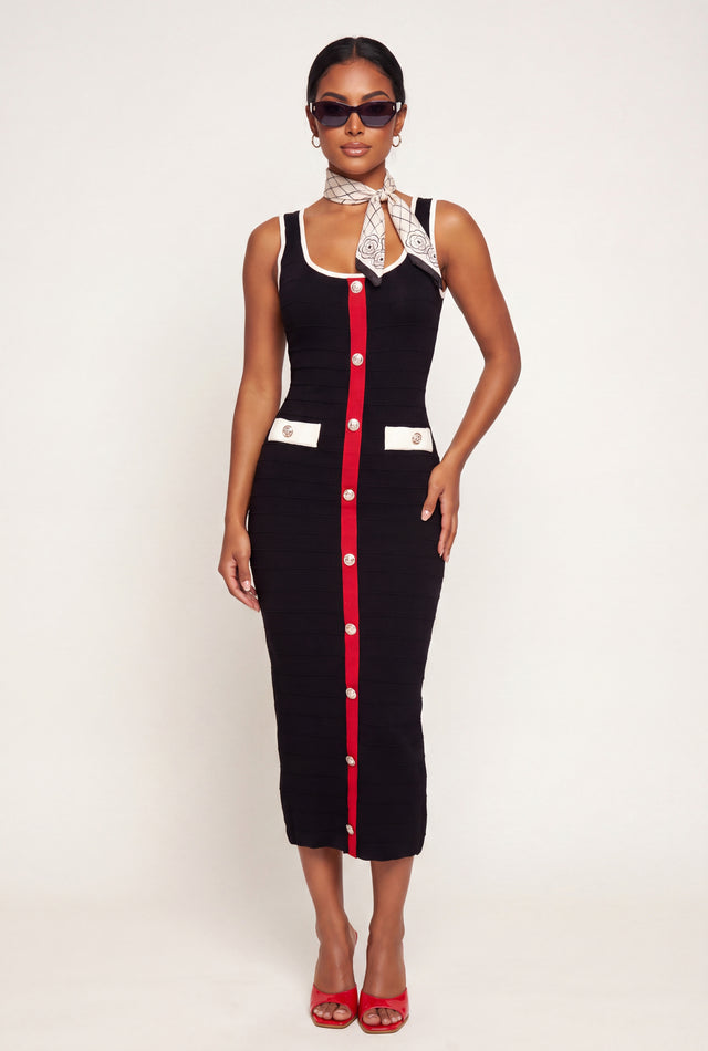 Contrast Trim Faux Button Detail Midi Dress