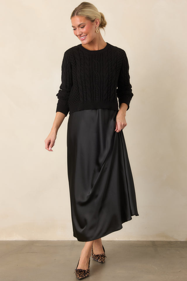 The Perfect Pairing Black Cable Knit Sweater & Satin Maxi Dress Set