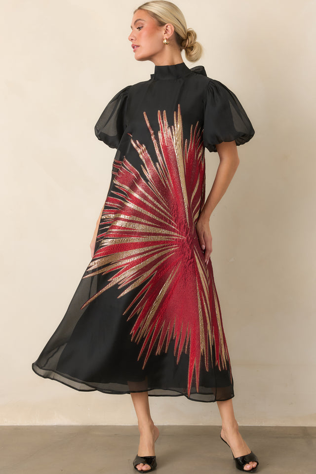Light Up the Room Black & Red Metallic Starburst Midi Dress