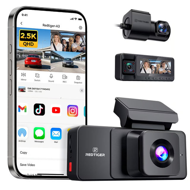 REDTIGER A3 3 Channel Dash Cam Front and Rear Inside, 2.5K + 1080P + 1080P Dash Camera for Cars with WiFi, IR Night View, 3.18" Screen, Parking Mode, Loop Recor