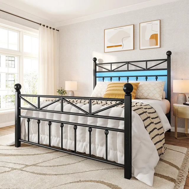 REIBII 54" Tall Headboard Metal Platform Bed Frame with LED Lights, 883 LBS Reinforced Steel Support, 12.7" Under-Bed Storage, Noise-Reducing Slats, No Box Spri