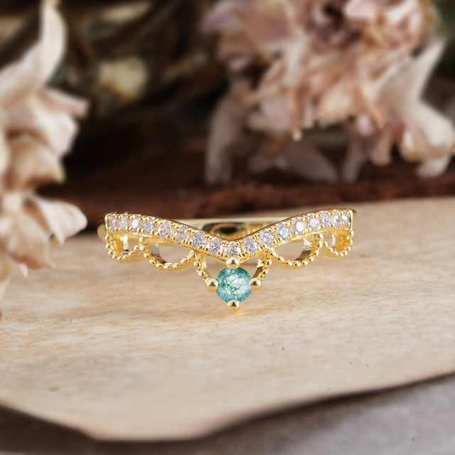 Princess Queen Crown Tiara Ring Unique Moss Agate Band Ring