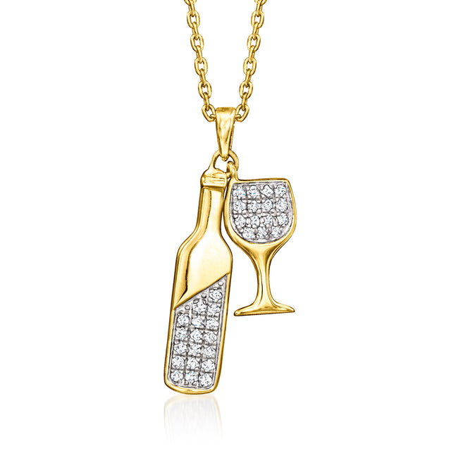 .15 ct. t.w. Diamond Wine Bottle and Glass Charm Necklace in 18kt Gold Over Sterling