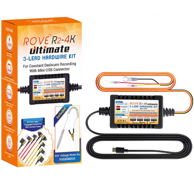 ROVE Ultimate 3-Lead Mini-USB Hardwire Kit for ROVE R2-4K Dash Cam with Mini USB Port | Check Compatibility Image Before Purchasing