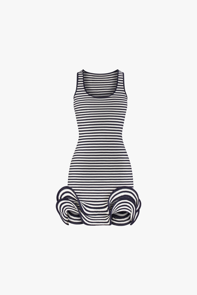 Double Ruffle Hem Mini Dress (Navy Stripe)
