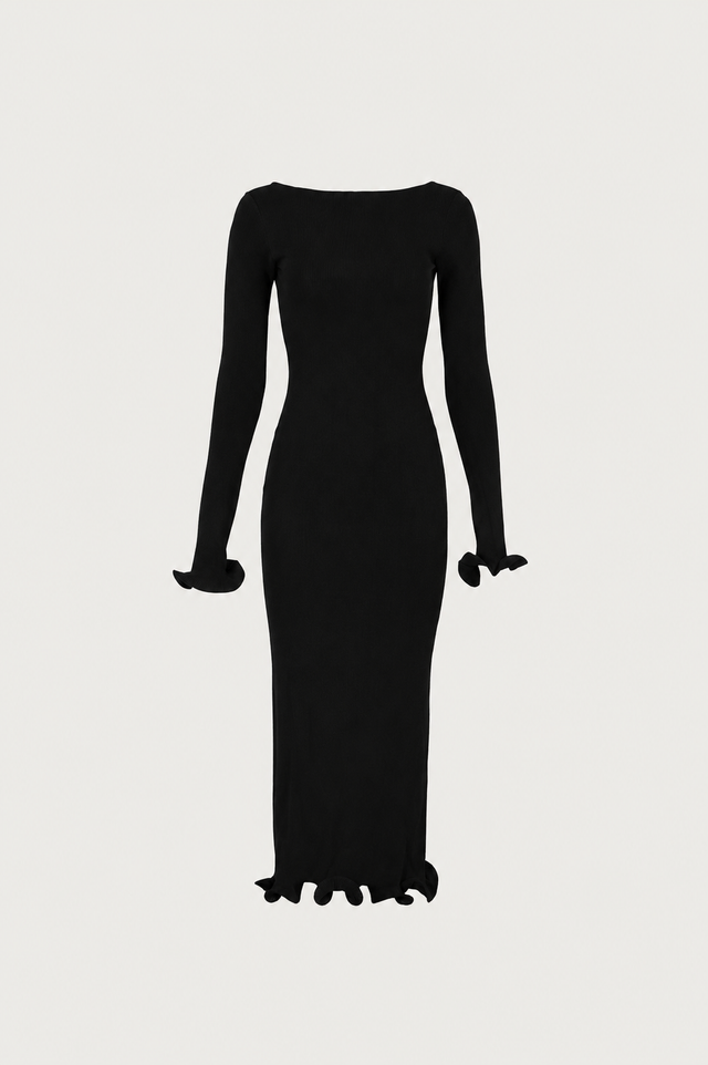 Ruffle Hem Midi Dress (Black)
