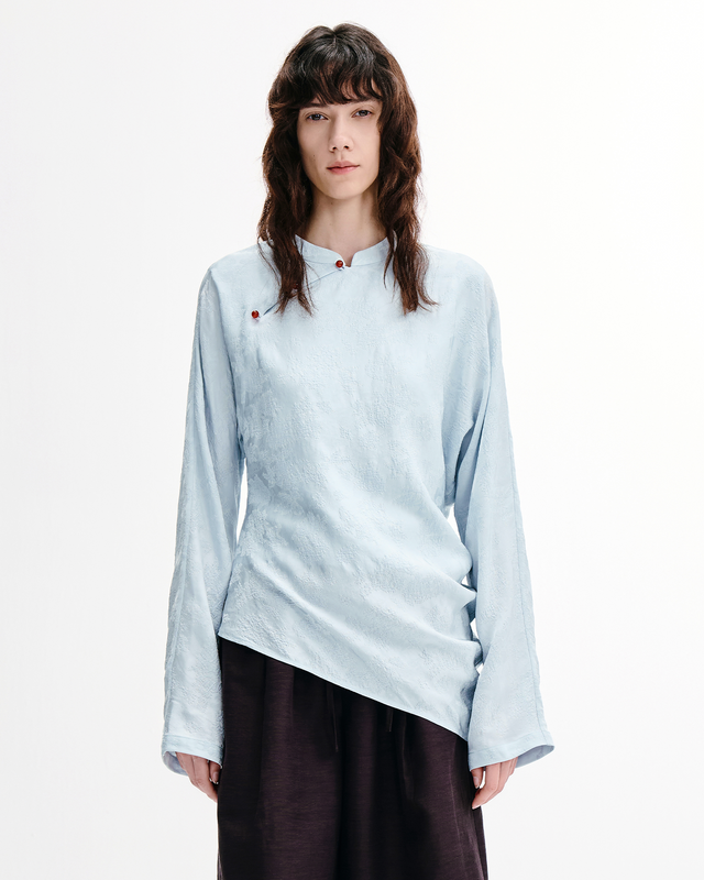 Asymmetric Agate-Button Mandarin Collar Shirt