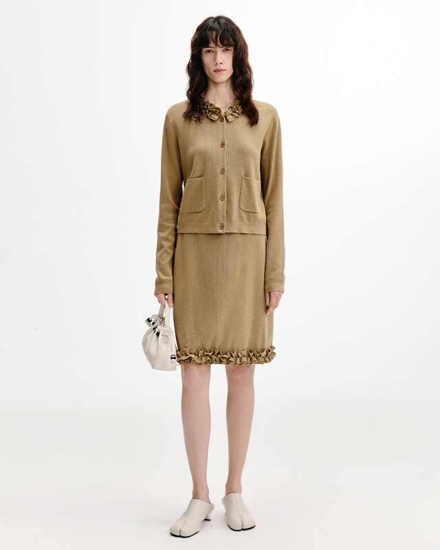 Ruffle-Collar Knit Cardigan & Skirt Set – Linen-Blend