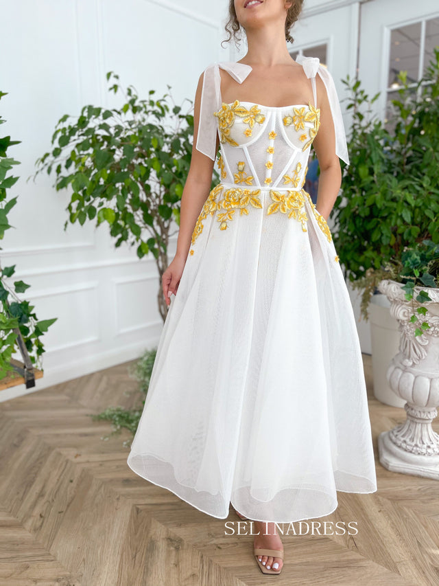 White Straps Tea Length Prom Dresses Gown With Gold Floral Placket TUN007