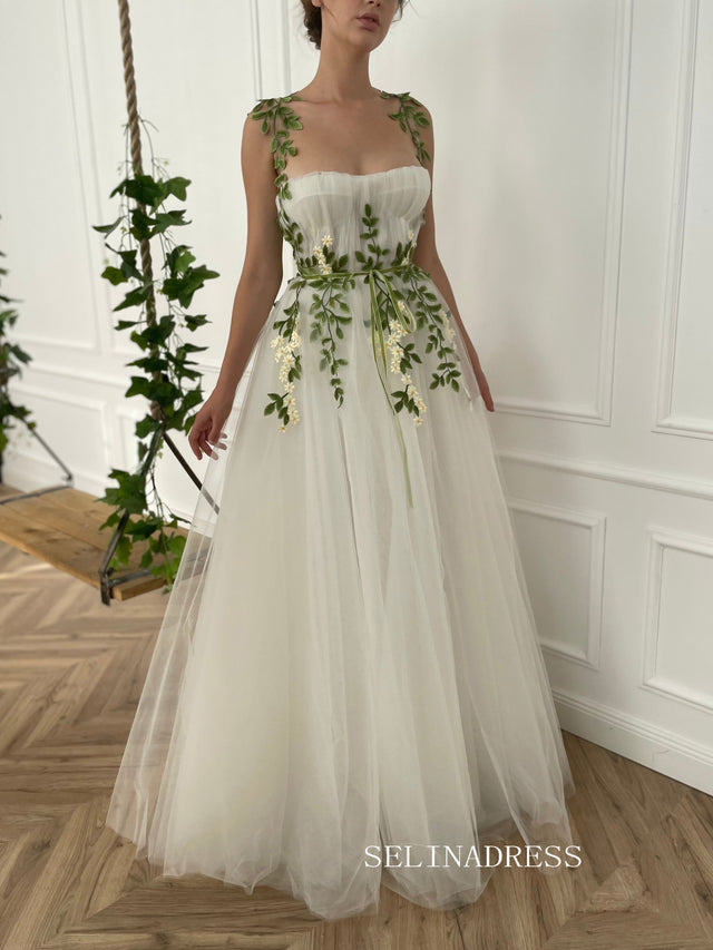 A-line Foor Length White Tulle Gown Long Prom Dress With Green Leaves TUN005