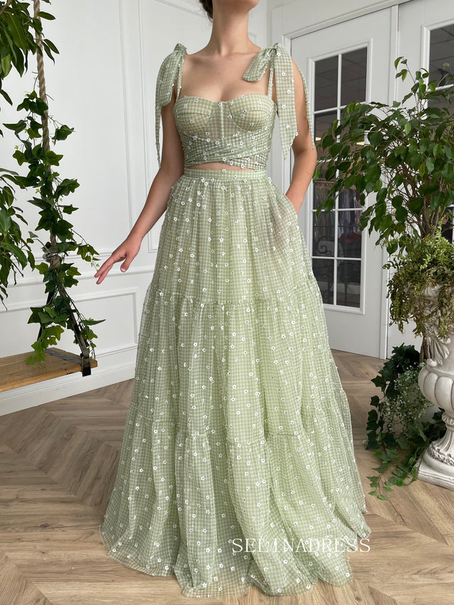 A-line Foor Length Green Ruffle Gown Long Prom Dress With Side pockets TUN010