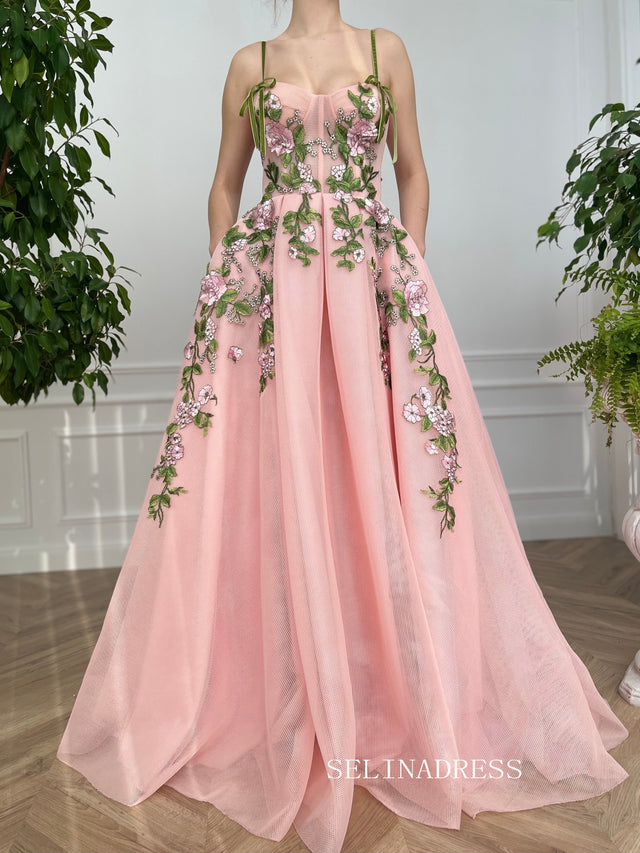 A-line Foor Length Pink Whimsical Gown Long Prom Dress With Side pockets TUN012