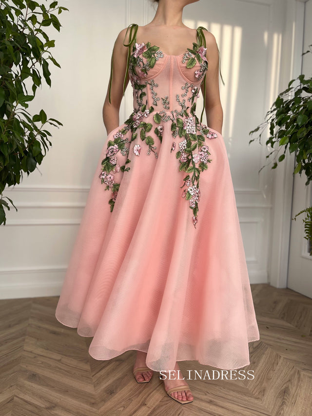 A-line Tea Length Pink Garden Dress Short Prom Dress With Side pockets TUN011