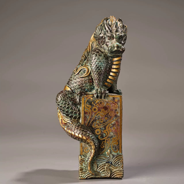 Bronze Dragon Son Guardian Statue Gold Inlaid Handmade Sculpture