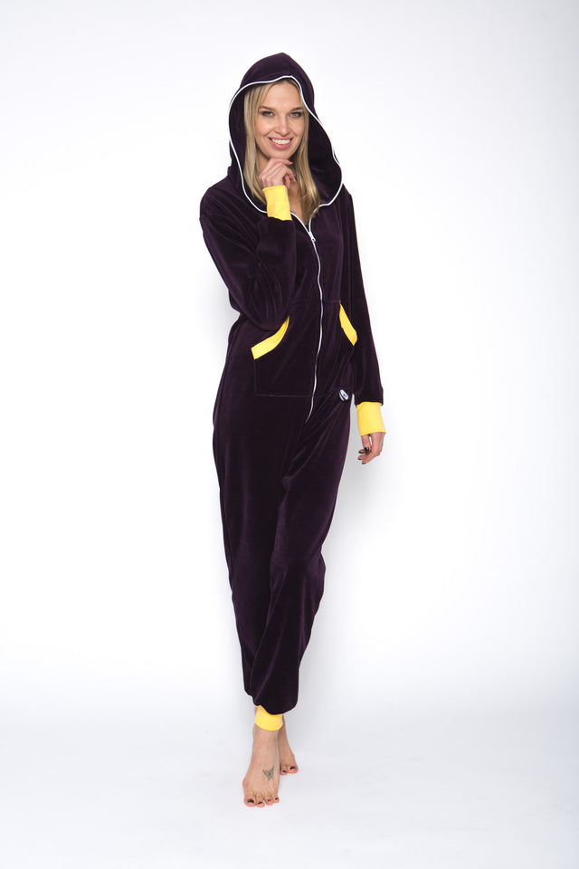 Sofa Killer eggplant color velours onesie – Adult Jumpsuit, Premium Loungewear