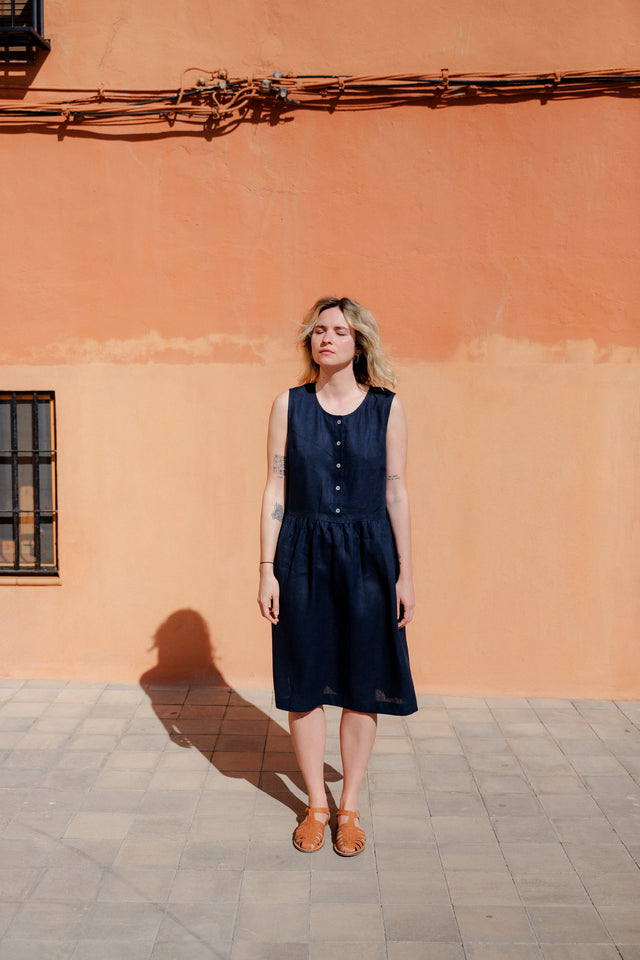 Women's dark blue linen sleeveless dress Costa Blanca | Button-down summer dress by SofaKiller – Linen Dress, Premium Loungewear