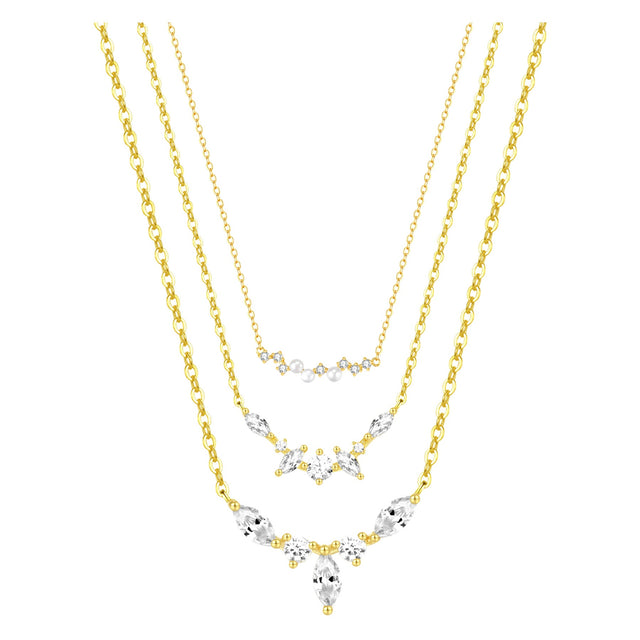 Gemstone Crown and Pearl Layering Necklaces Set Sterling Silver