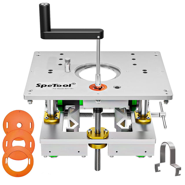 SpeTool EU P01004 Router Lift Pro Works with Bosch RA1181,Upgraded 0.001" Precision Micro-Adjust, Works with 1.25-3.25HP Routers,360° Mesh Clamping,Included Mag