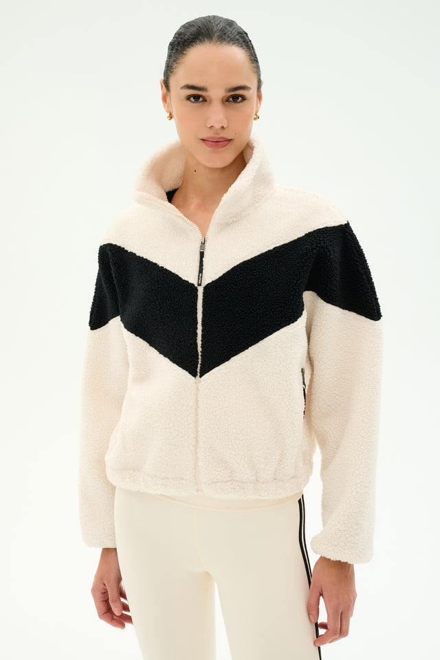 Lottie Chevron Sherpa Full Zip Jacket - Creme/Black