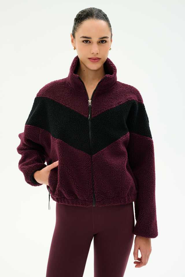 Lottie Chevron Sherpa Full Zip Jacket - Dark Cherry/Black