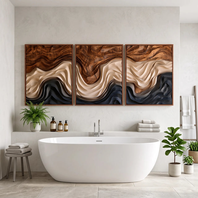 Rustic Layered Wave Triptych Wood Wall Art Spa SILDTTRWA205