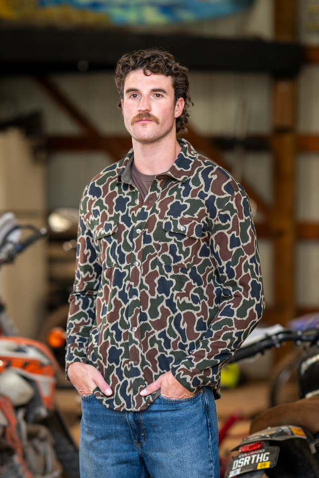 The Blender | Grey Duck Camo Chinchilla Soft™ Long Sleeve Stretch Button Up Shirt