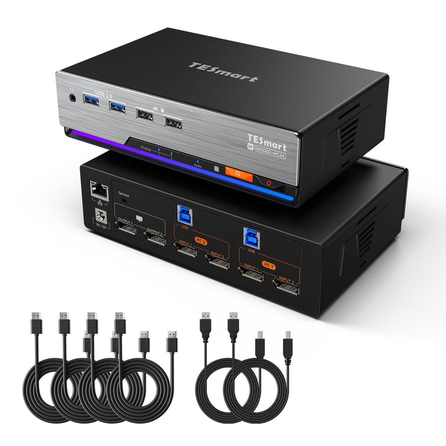 DP 1.4 Dual 8K@60Hz 4K@144Hz KVM-Switch für 2 PCs & 2 Monitore, mit Multi-PC-Steuerung, Drag & Drop Dateifreigabe, USB 3.2 Gen1 & integriertem Gigabit-Netzwerk