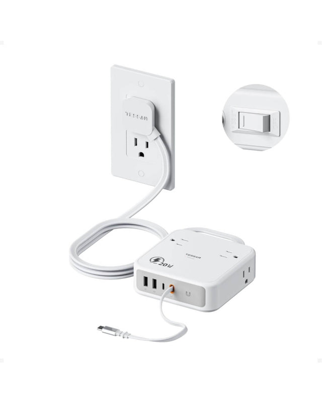 TESSAN 8-in-1 Flat Plug Surge Protector with Retractable USB-C Cable