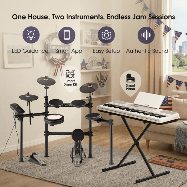 TheONE Family Music Starter Pack - COLOR Smart Piano & TOD1 Smart Drum Set, Built-in LED Lights Connected with Learning App