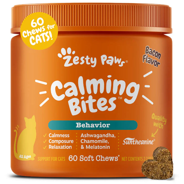 Zesty Paws Calming Bites For Cat - Bacon Flavor  - 60 Count Soft Chews