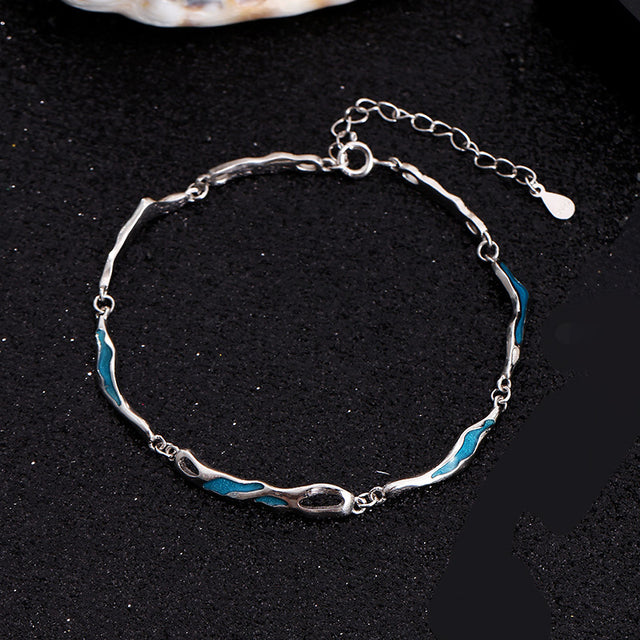 S925 Sterling Silver Blue Wave Enamel Couple Bracelets, Irregular Geometric Design Matching Wrist Jewelry for Men Women