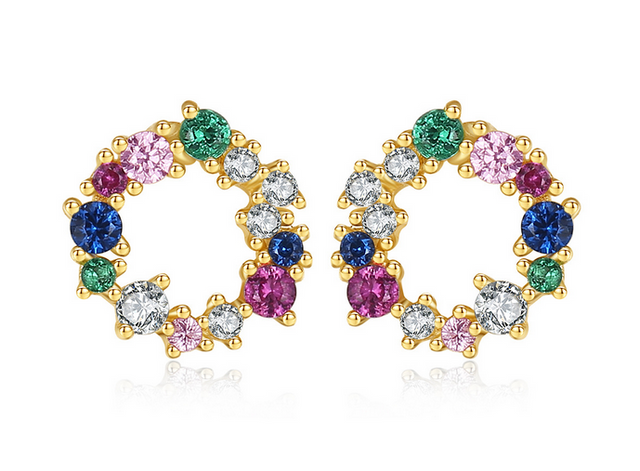 Sterling Silver Colorful Cubic Zirconia Stud Earrings, Minimal Round Geometric Cute Micro Paved Ear Jewelry
