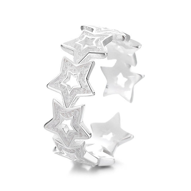 Sterling Silver Hollow Star Open Ring, Sweet Spliced Pentagram Adjustable Finger Ring, Minimal High-End Daily Stackable Jewelry for Women