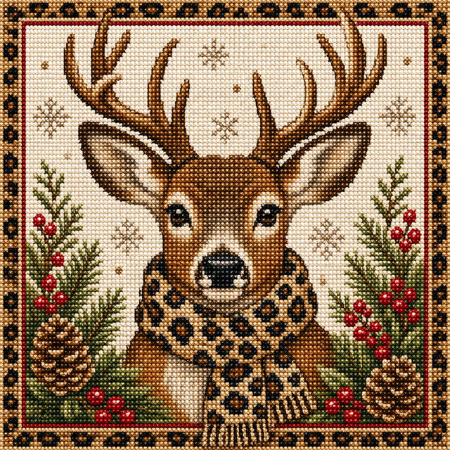 Needlepoint Deer with Leopard Scarf Christmas Metal Sign TTE-784