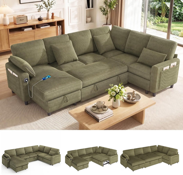 EROMMY 6-Seater Modular Sofa Bed with Reversible Storage Chaise Lounge, Corduroy U-Shaped Convertible Sleeper Couch Set , Green