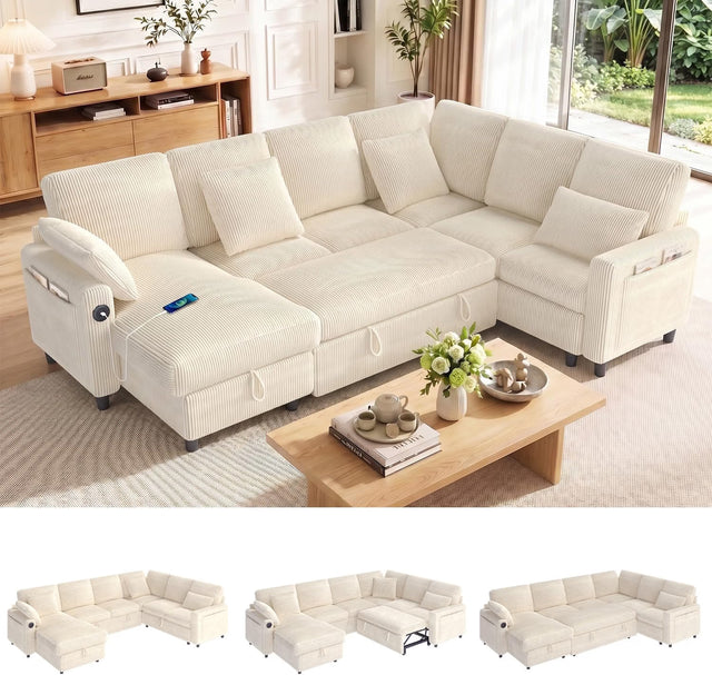EROMMY 6-Seater Modular Sofa Bed with Reversible Storage Chaise Lounge, Corduroy U-Shaped Convertible Sleeper Couch Set, Beige