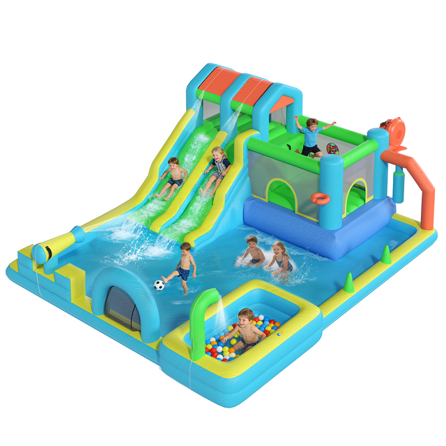 EROMMY Inflatable Bounce House, Bouncy House with Double Water Slide, Inflatable Bouncy Castle Water Bounce House with Blower, Climbing Wall, Jumping, Splash Po