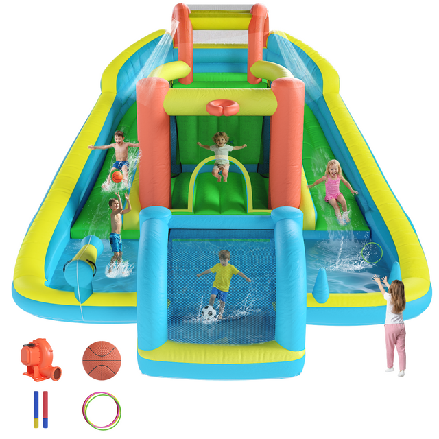 EROMMY Inflatable Bounce House with Double Slide, Bouncy Castle for Kids 3-12 with Blower, Water Cannon, Football Net, Jumping, Climbing Wall, Basketball Hoop, 