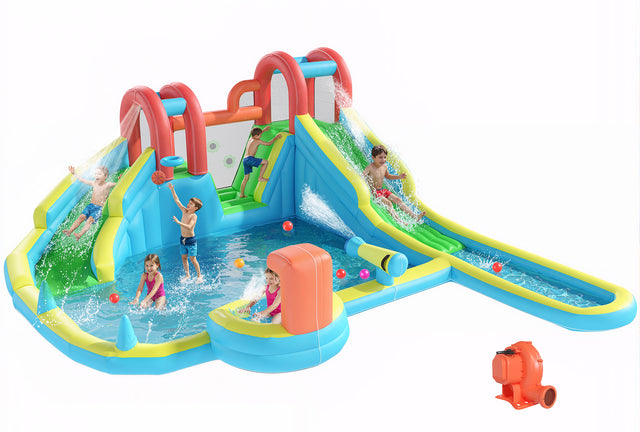 EROMMY Inflatable Water Slide,10 in 1 Double Water Slide Bounce House for Kids 3-12 with Blower, Splash Pool, Water Cannon, Climbing Wall, Basketball Hoop for K