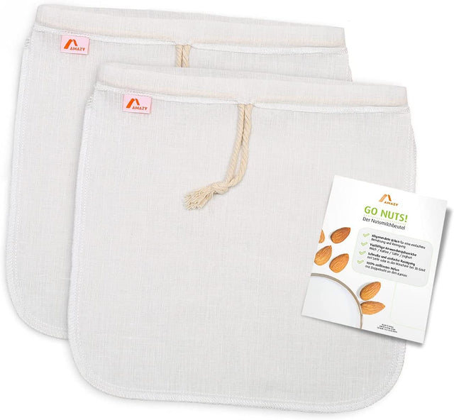 Amazy Borsa per Latte di Noci (2 Sacchetti) - Sacchetto filtrante Latte vegetale, Latte di Noci, Mandorla, Frutta secca, e Cereali con 8 Etichette di Gesso e Ma